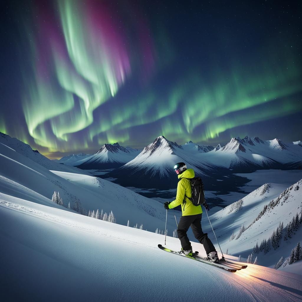 Night Skiing Under the Northern Lights