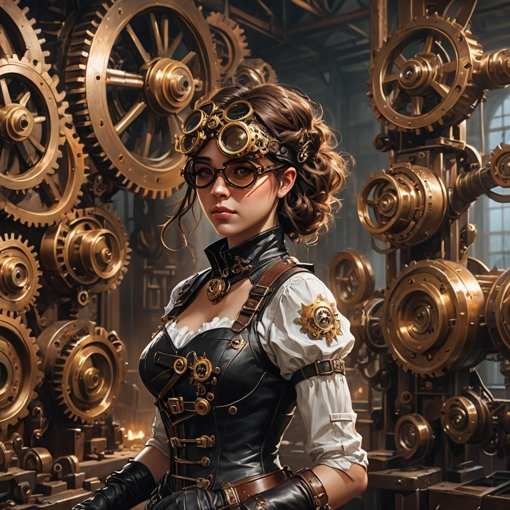 Steampunk Girl in Gear Factory: Oil Painting Texture