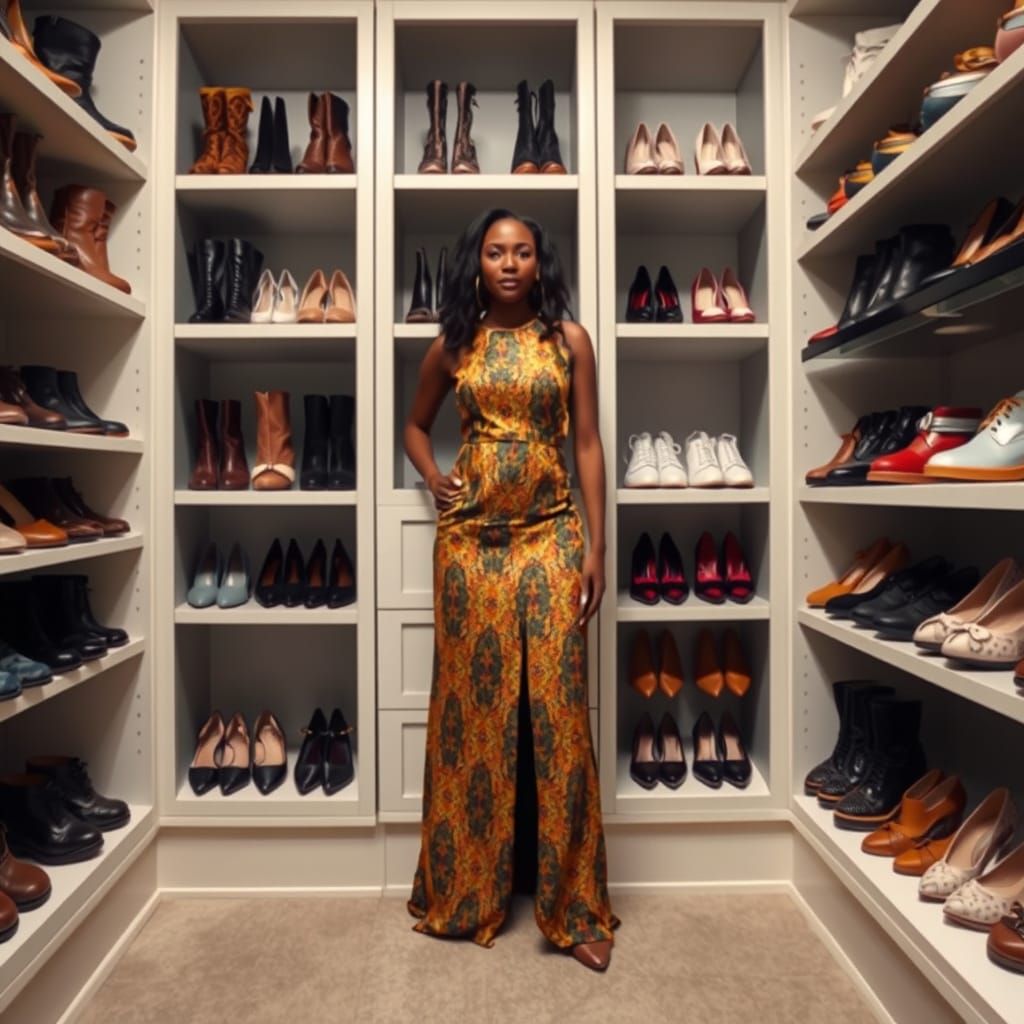 Woman Surrounded by Shoes Inspired by African Design