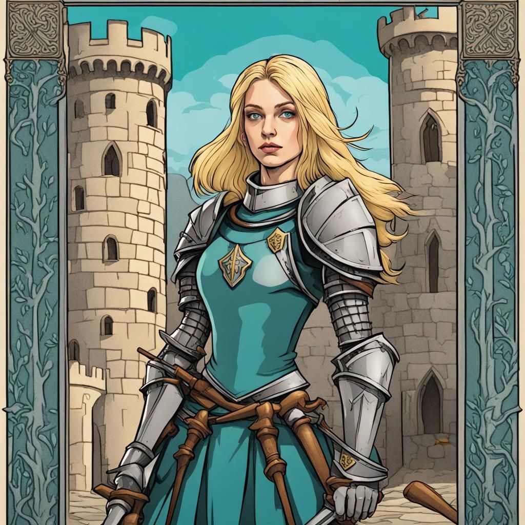 Blond Knight Guards Castle in Tarot Card Style