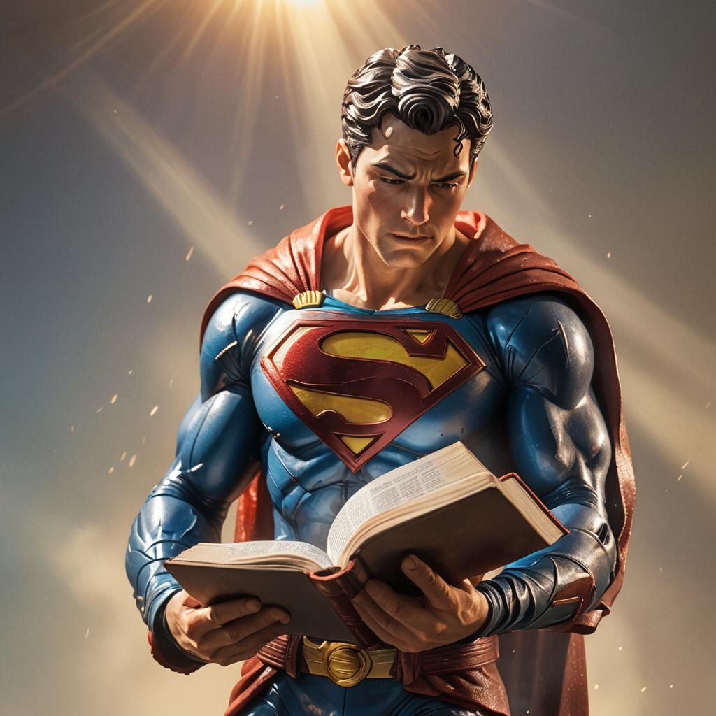 Superman Action Figure Reading Bible in Hyperrealistic Style