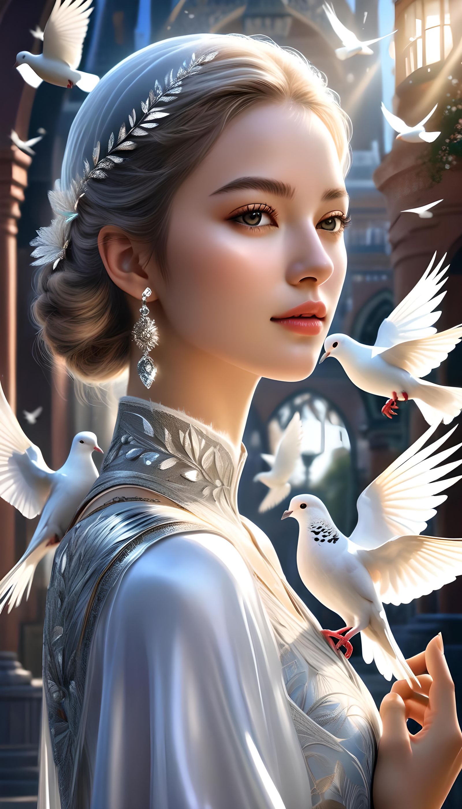 Girl with White Doves in Photorealistic HDR