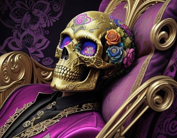 Psychedelic Art Nouveau Skull on Velvet Cushion