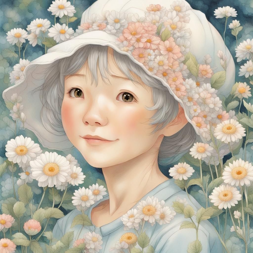 Grandmother and Grandchild in Blooming Garden