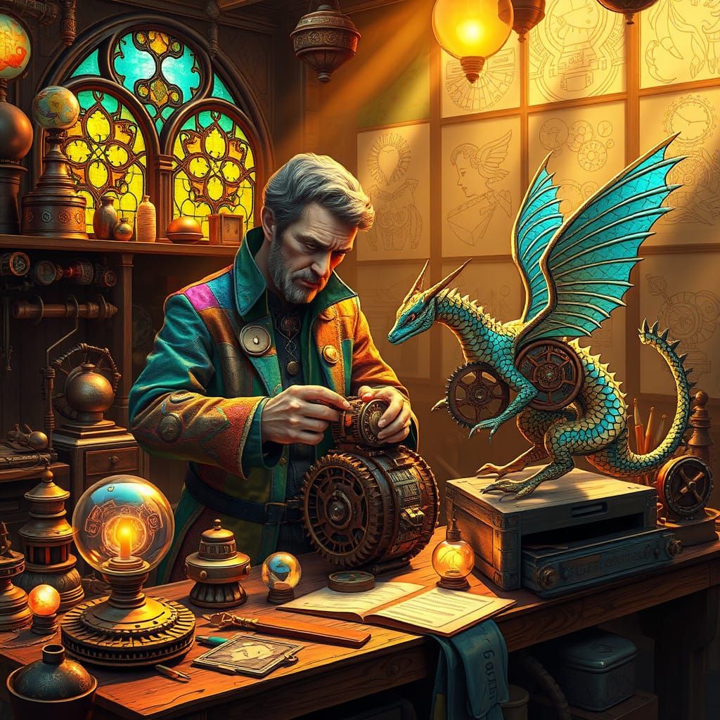 Fantasy Inventor in Whimsical Workshop with Magical Companio...