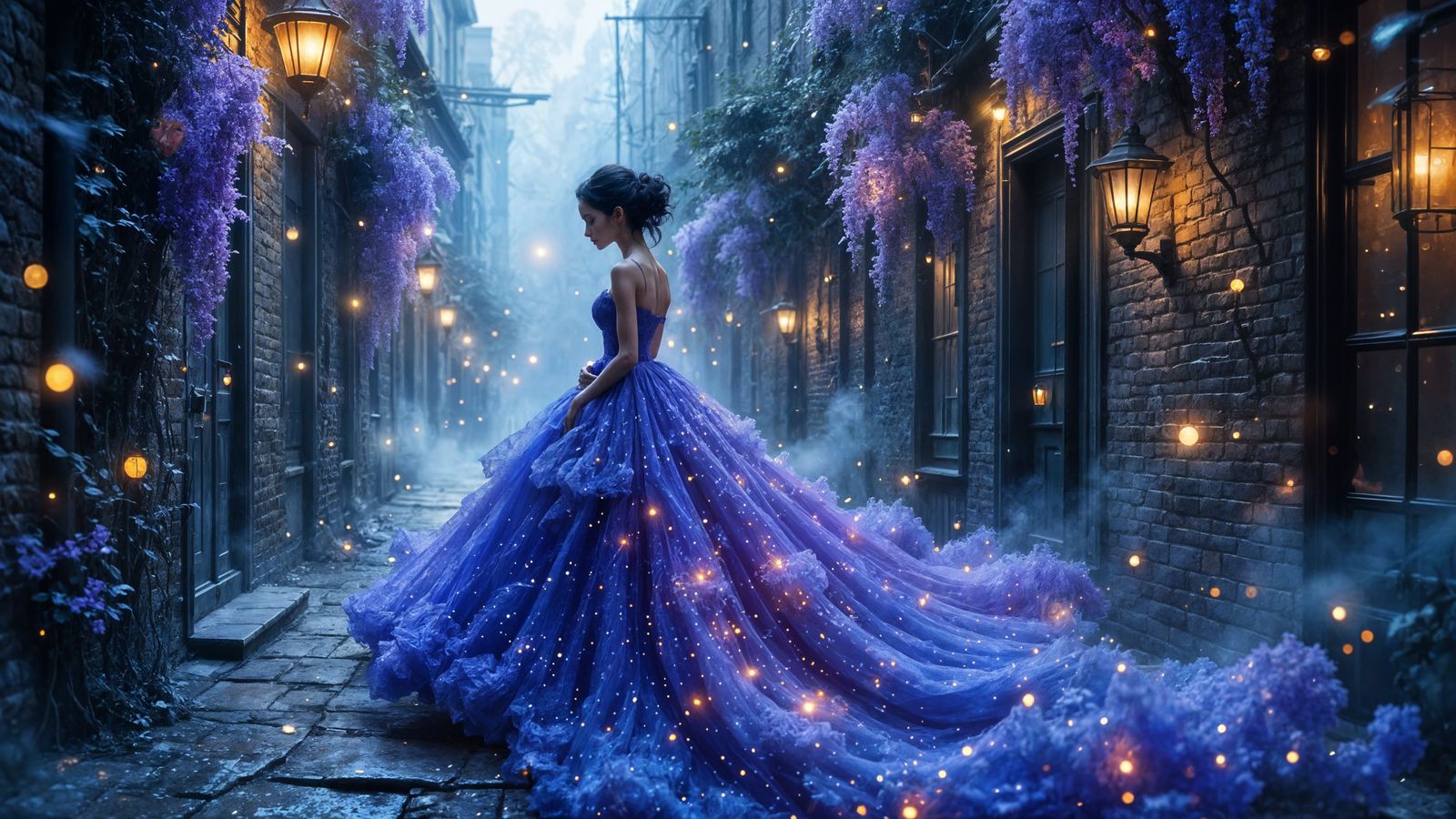 Mystical Woman in Neon Gown, Dreamlike Alleyway