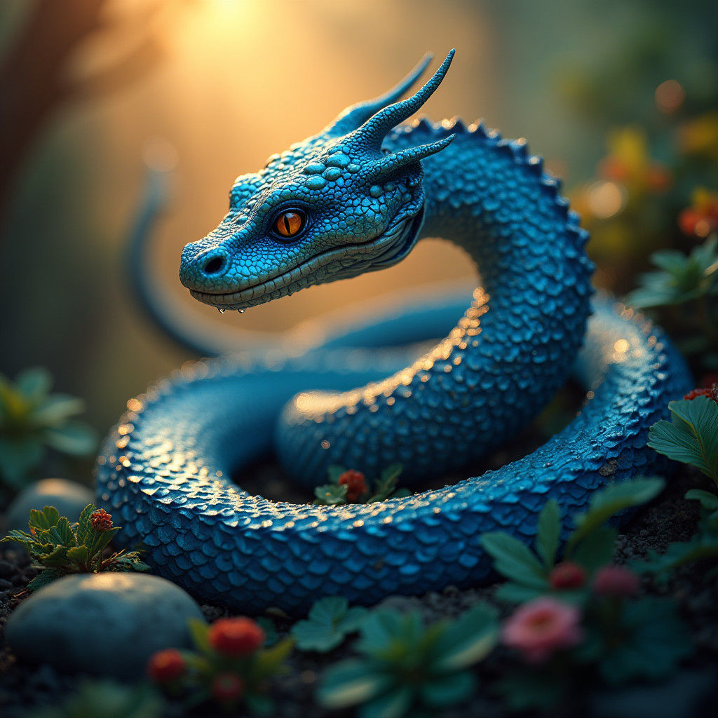 Blue Serpent in Mystical Foliage: Matte Painting