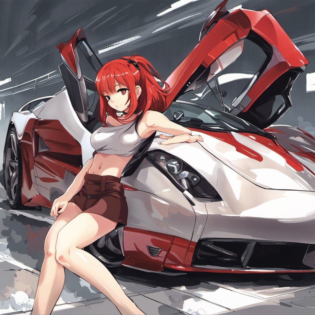 Anime Girl Bending Over Supercar in Manga Style