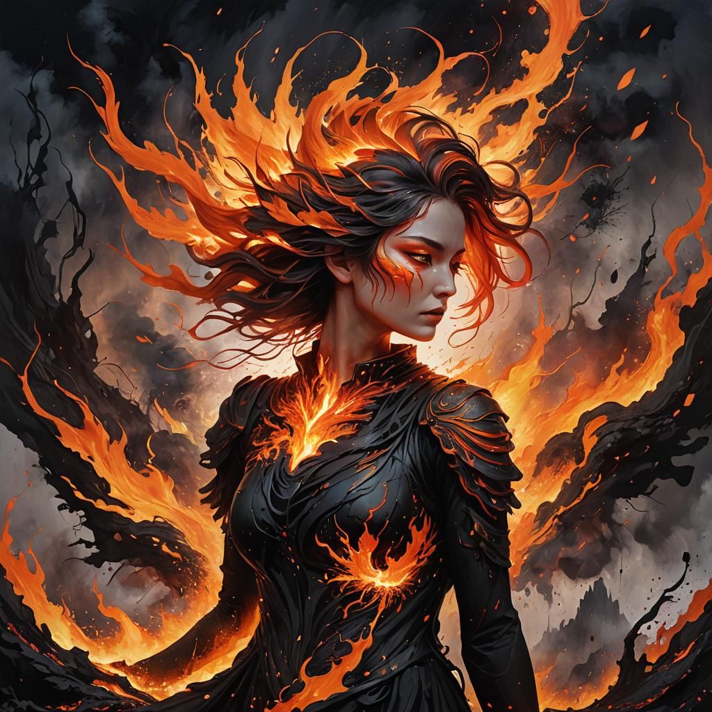 Fiery Phoenix Woman Rising from Volcanic Earth