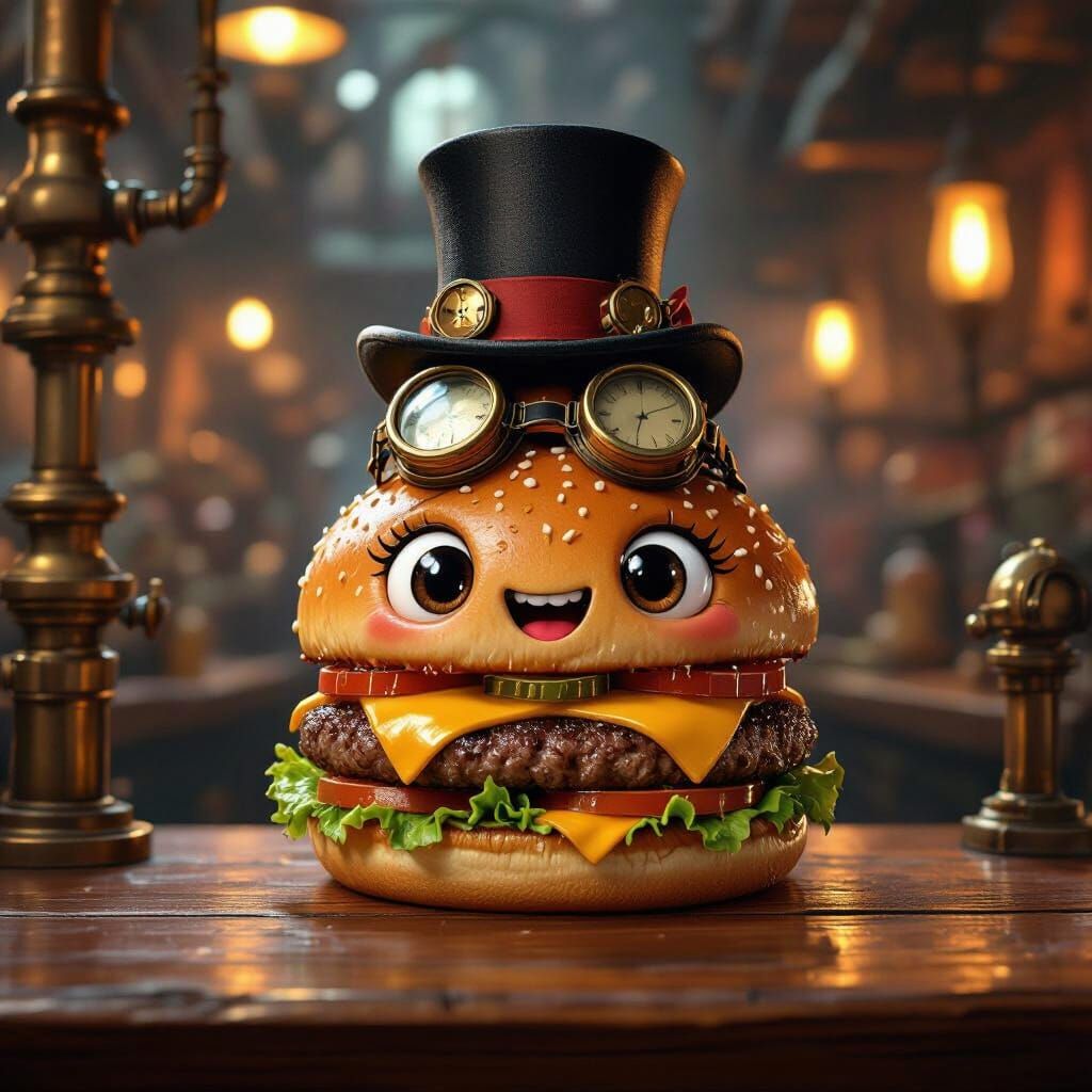 Steampunk Hamburger Character in Bustling Pub Scene
