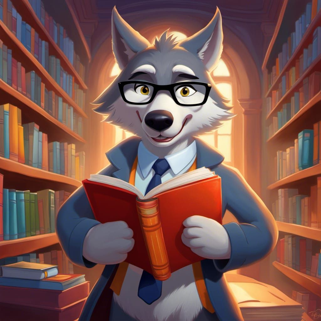 Nerdy Wolf in Library: Disney Cartoon Style