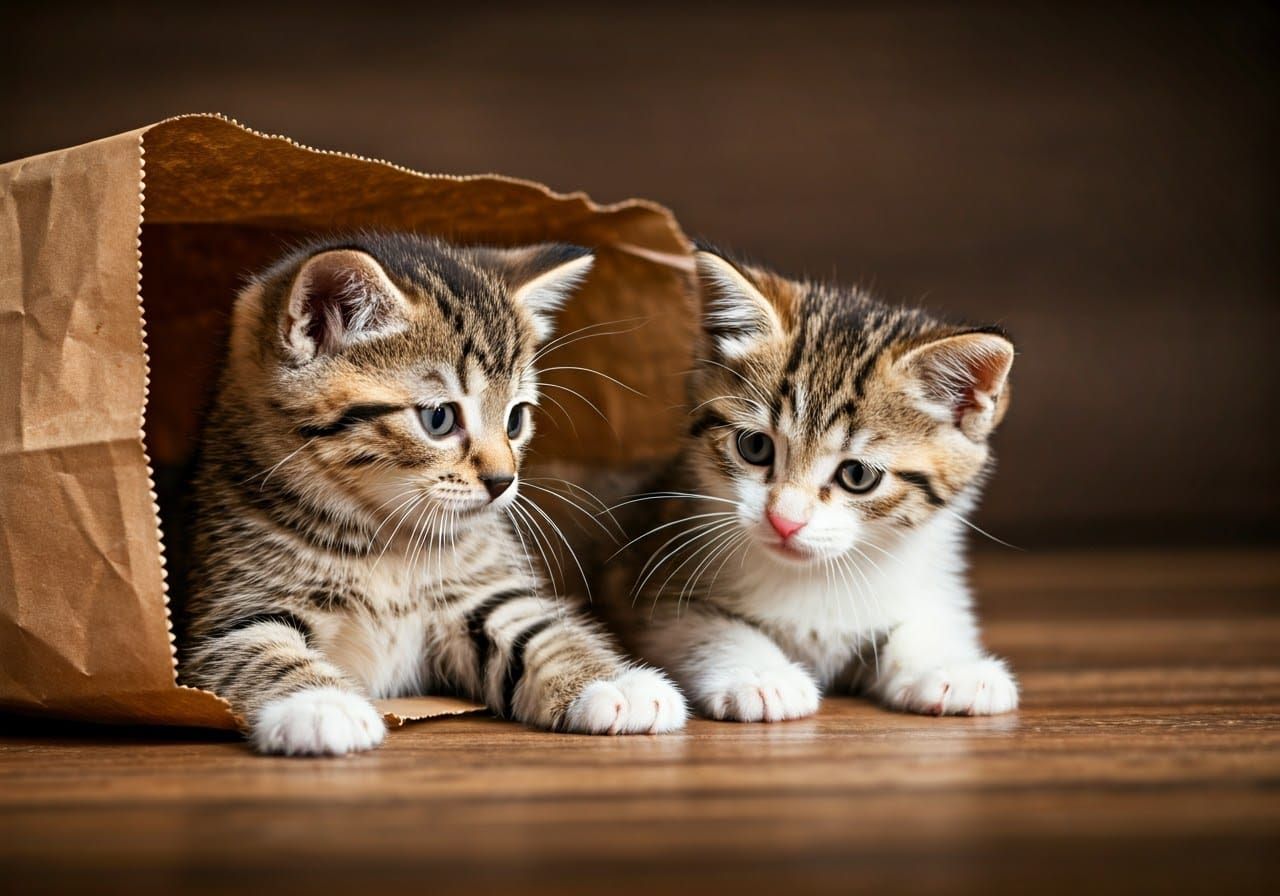 Playful Kittens in Paper Bag, Wildlife Photography