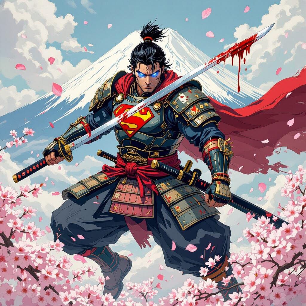 Superman Samurai with Katana and Cherry Blossoms