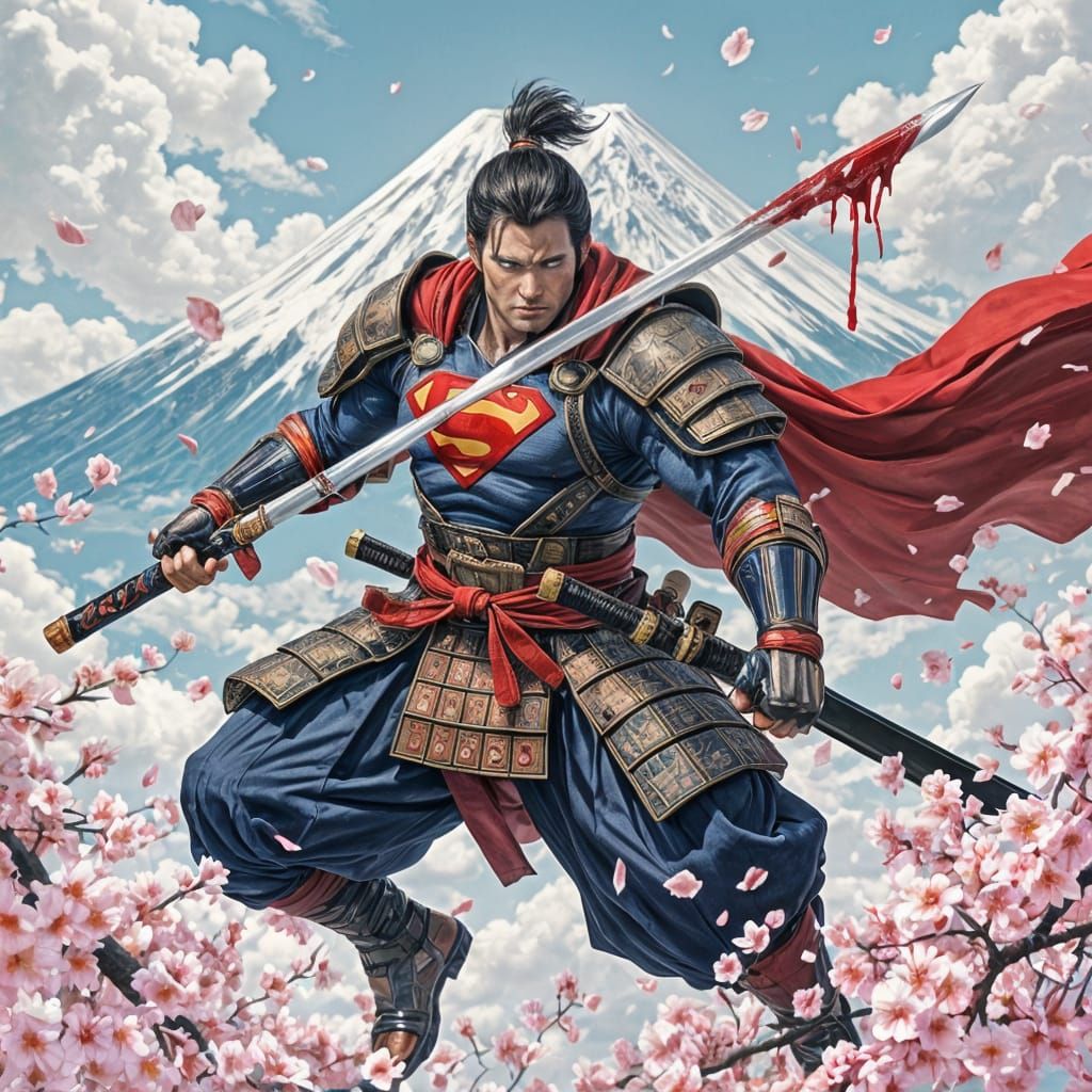 Samurai Superman with Katana at Mount Fuji