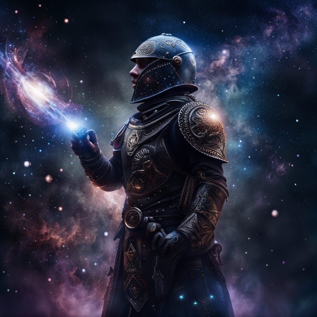 Cosmic Medieval Soldier with Galaxy Background