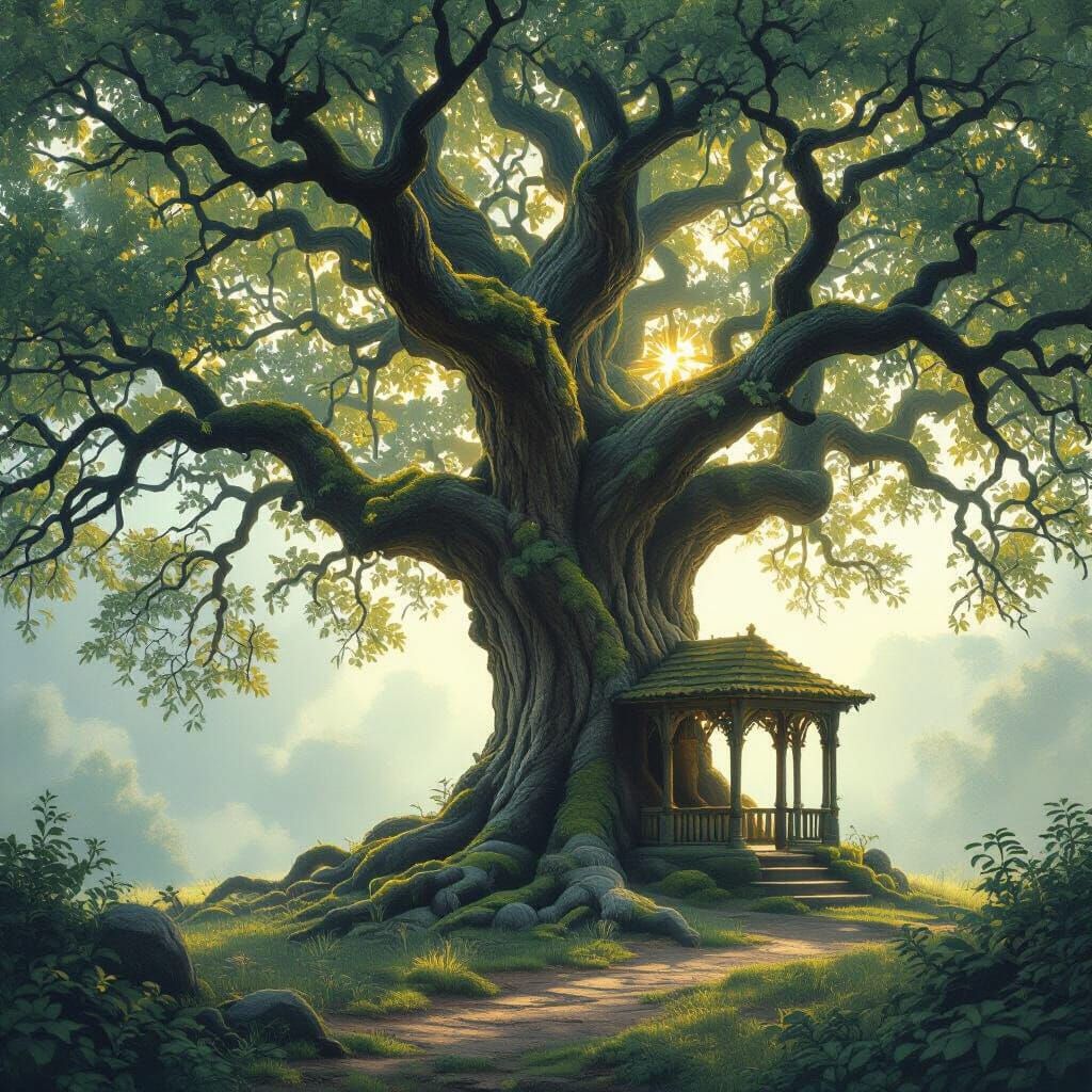 Majestic Ancient Oak Tree in Misty Clearing