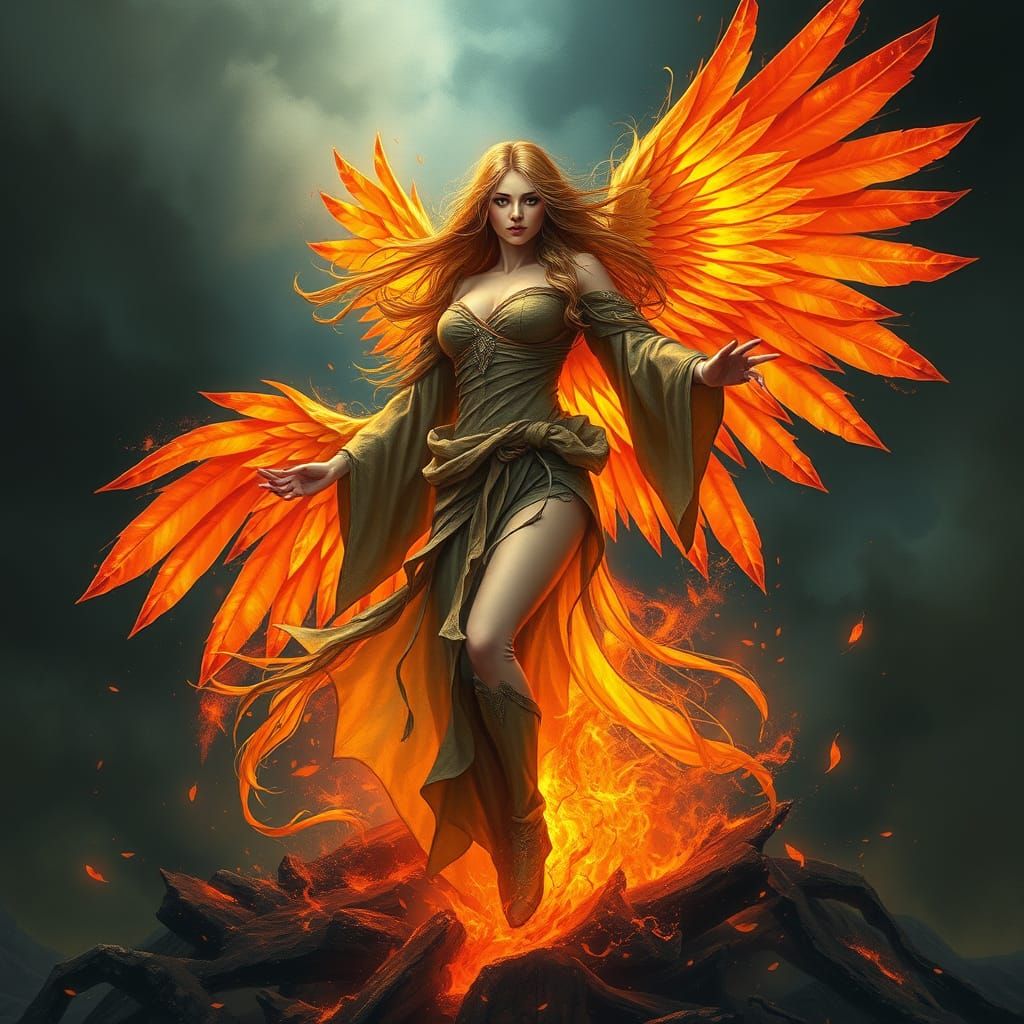 Phoenix Goddess Rises from Fiery Ashes in Vibrant Watercolor...