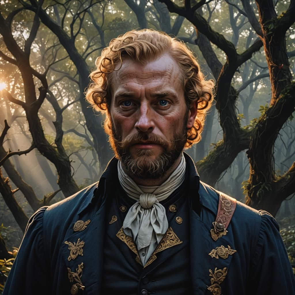 Colonial American in Mystical Forest, Hyperrealistic Portrai...