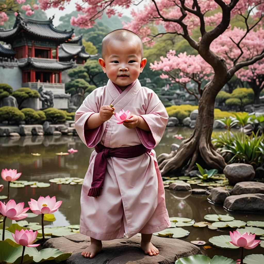 Cute Baby Monk in Serene Garden with Lotus