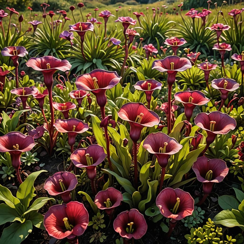Carnivorous Plants Roaming in Surrealist Flower Field