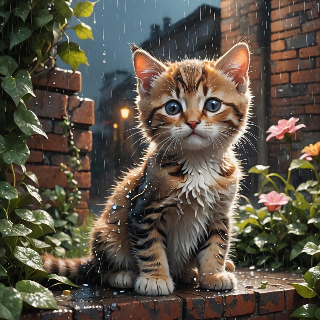 Kitten in Rainy Flowerbed: Double Exposure Fantasy Art