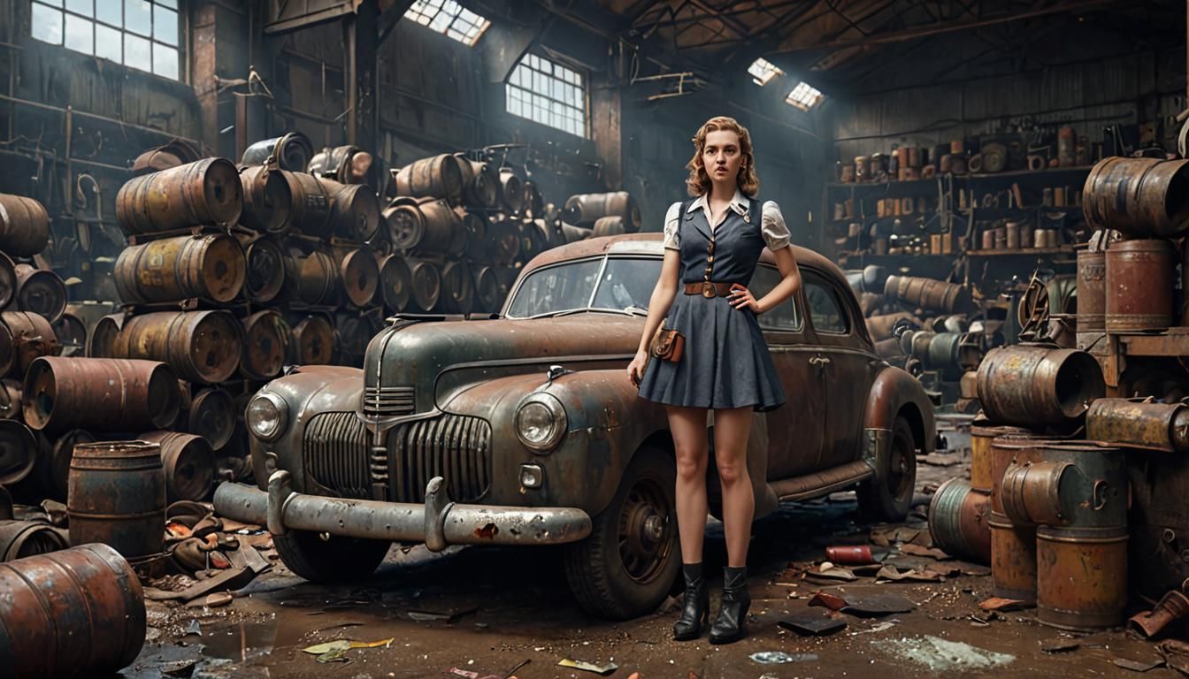 Dieselpunk Girl in 1940s Industrial Workshop