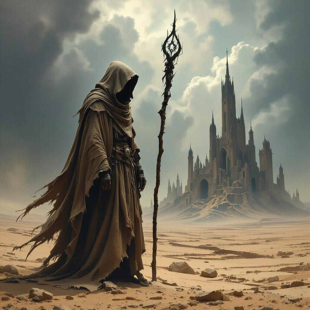 Hooded Figure in Ruined City, Dark Fantasy Scene