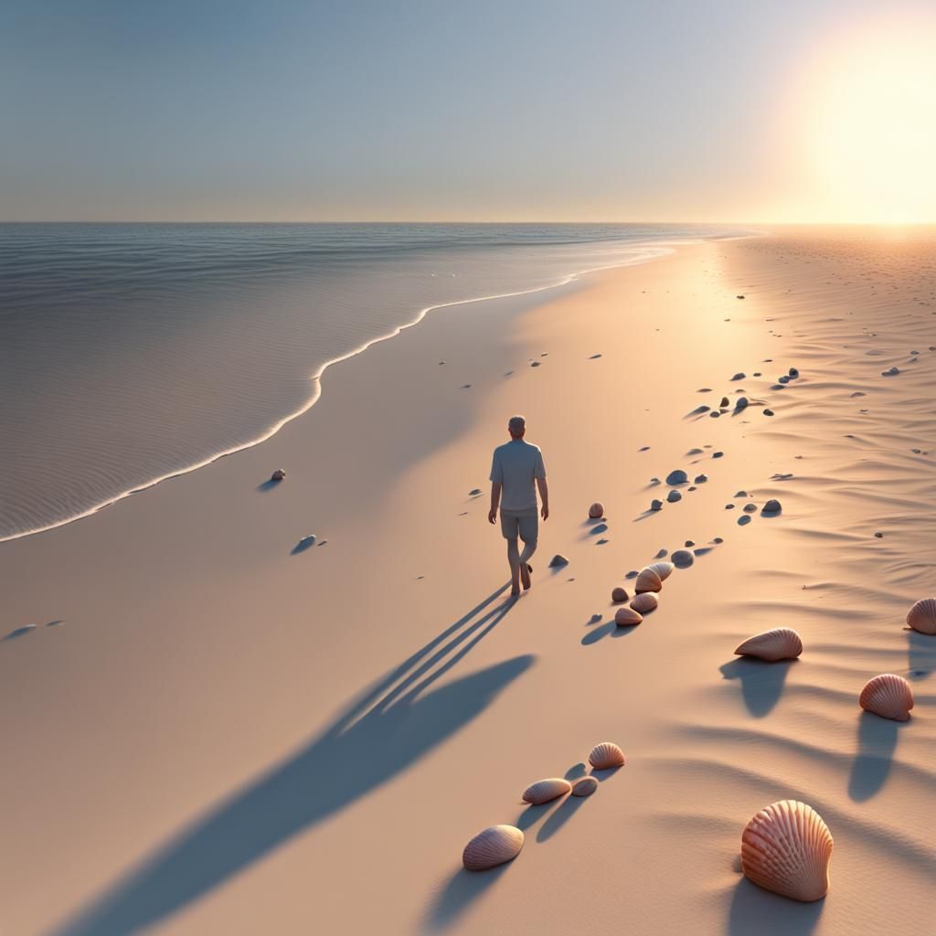 Sunrise Beach Walk: 3D Rendered Scene