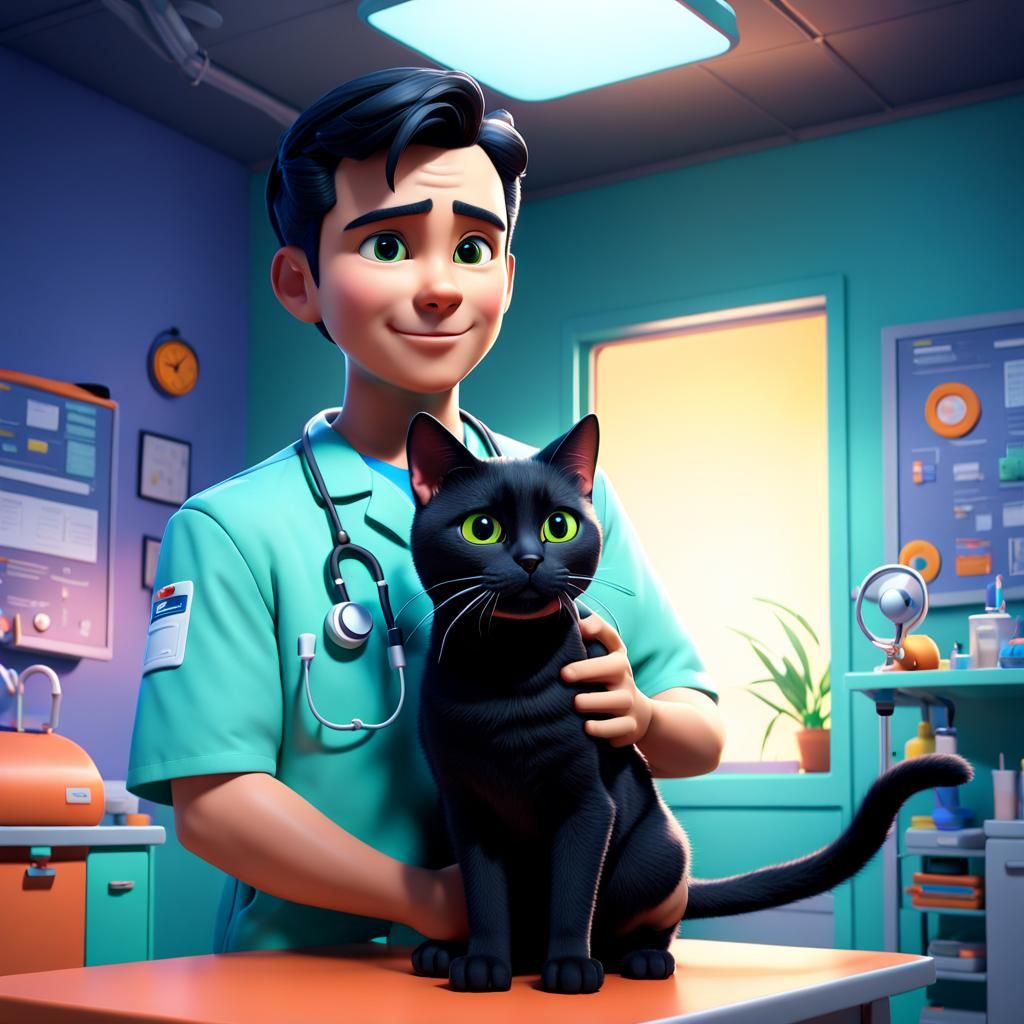 Veterinarian Holding Cat in Pixar Style 3D Art