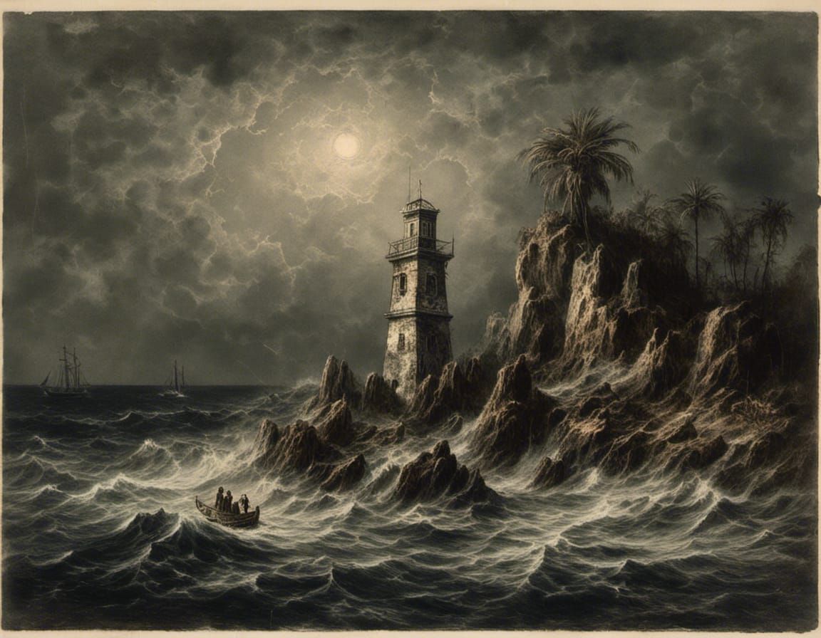 Lighthouse on a cliff, dark night , a sailing ship anchoring