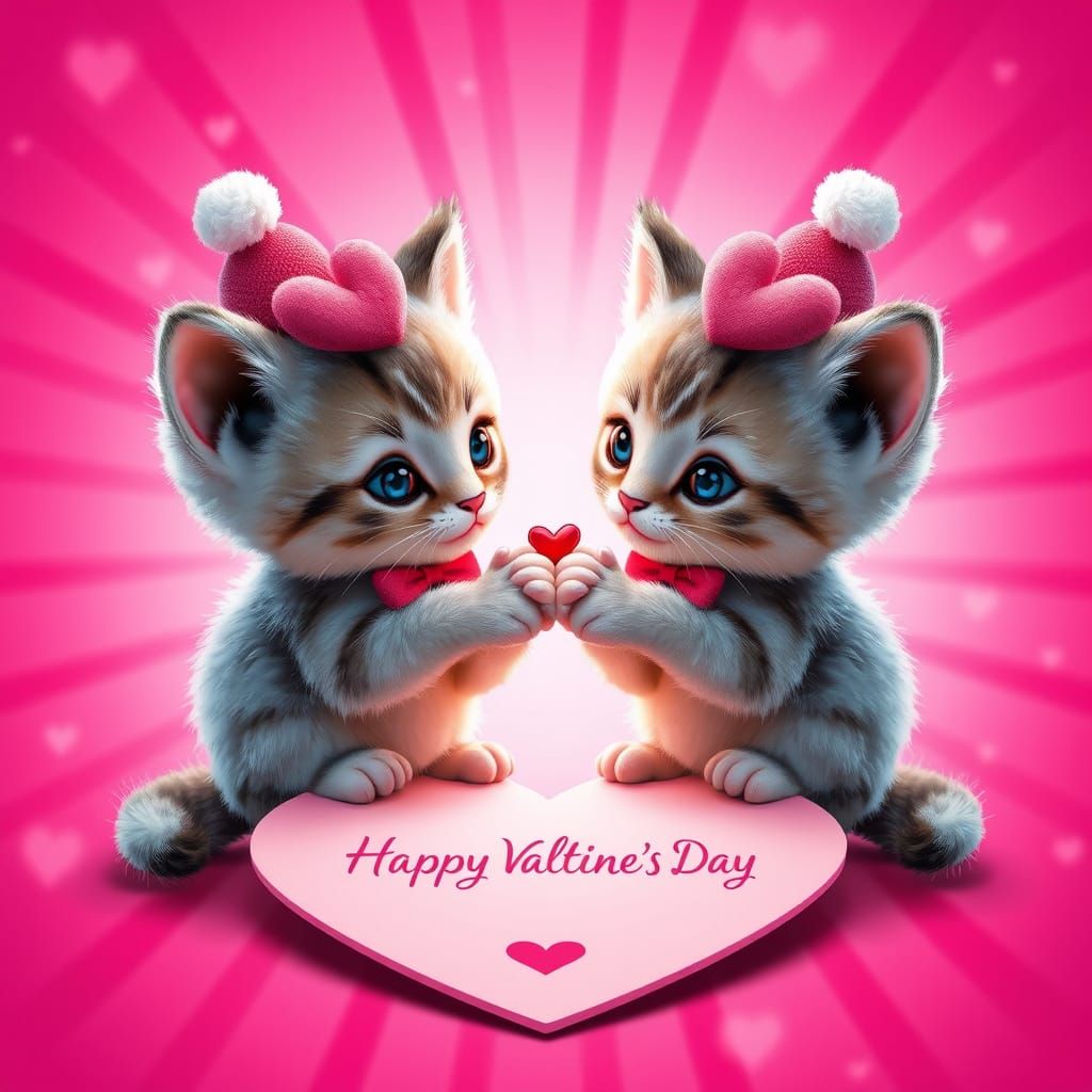 Kittens Holding Paws on Valentine's Heart Card in Vibrant 3D...