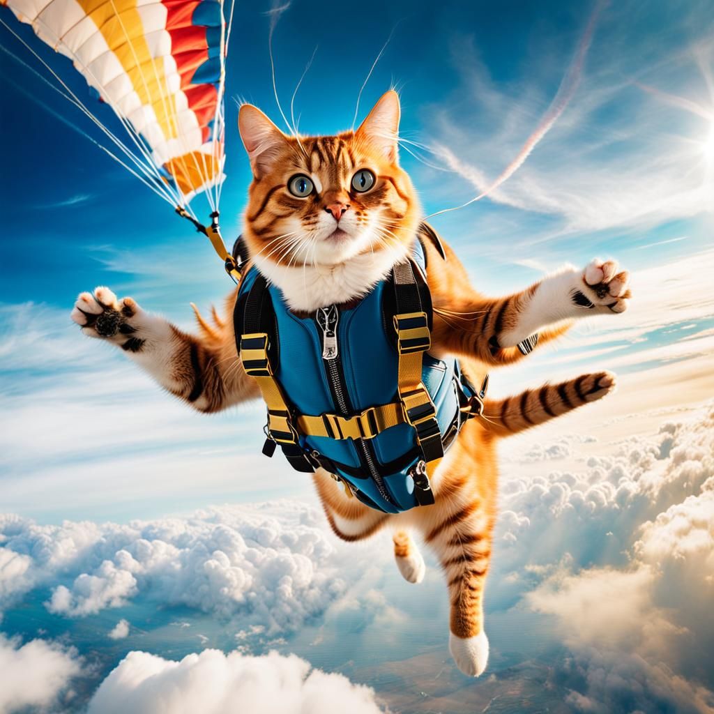 Skydiving cat, image overlay, double exposure, cinematic