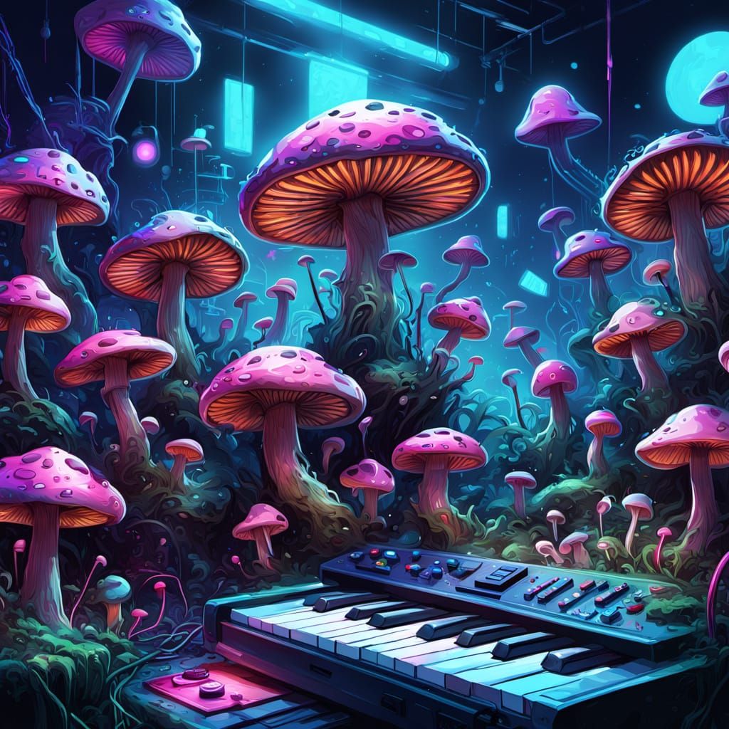 Vibrant Graffiti Mushrooms Jam in Neon Lighting