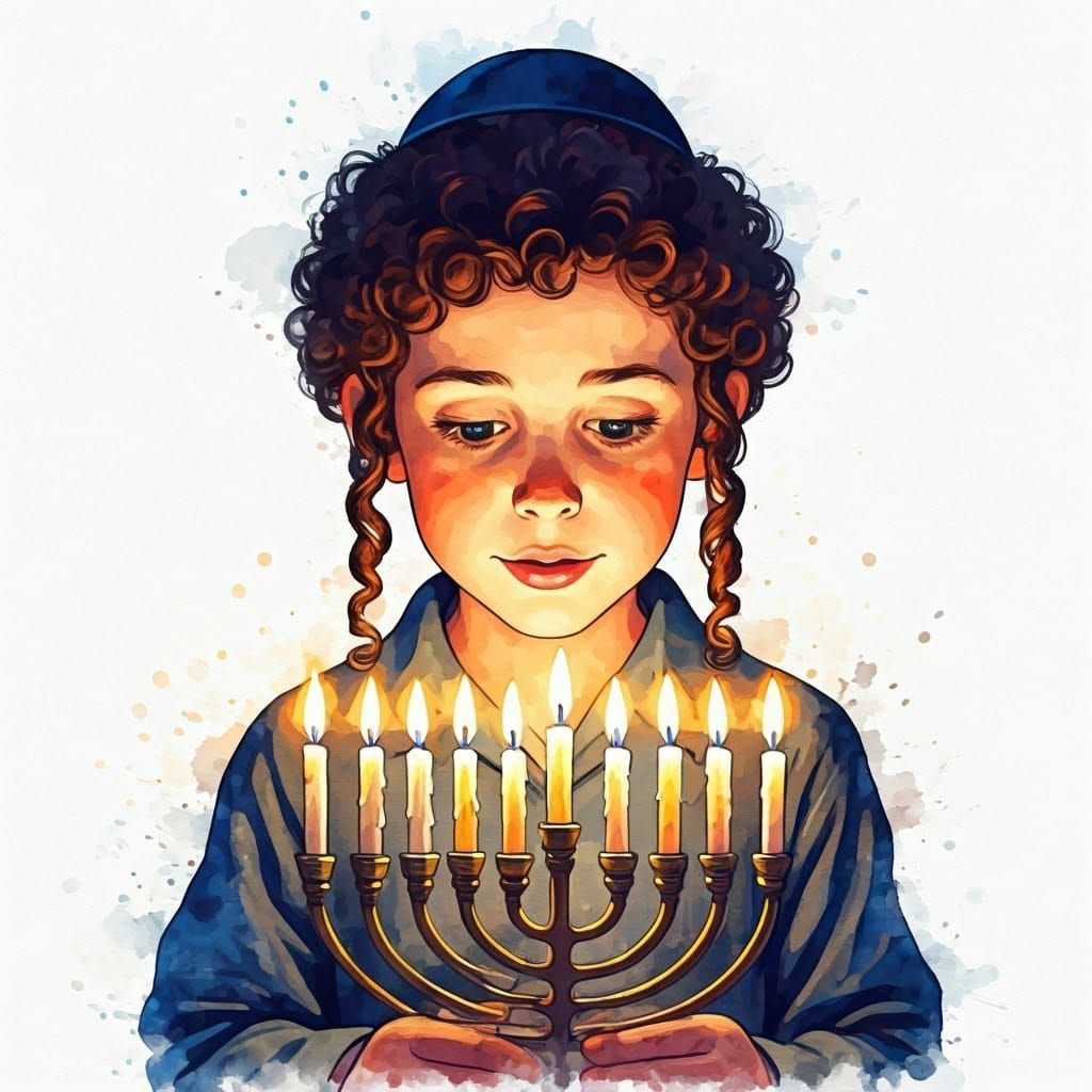 Watercolor Portrait of Boy Lighting Hanukkah Candles