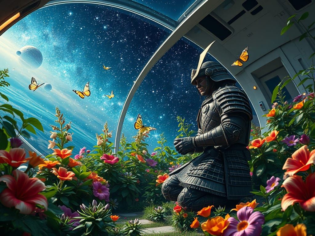 Serene Samurai Gardener in Futuristic Oasis