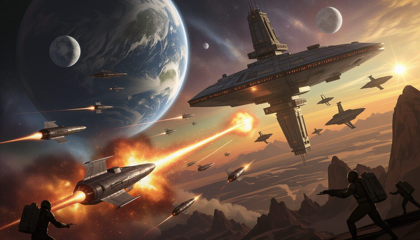 Michelangelo Style Space Battle Near Grand Space Station