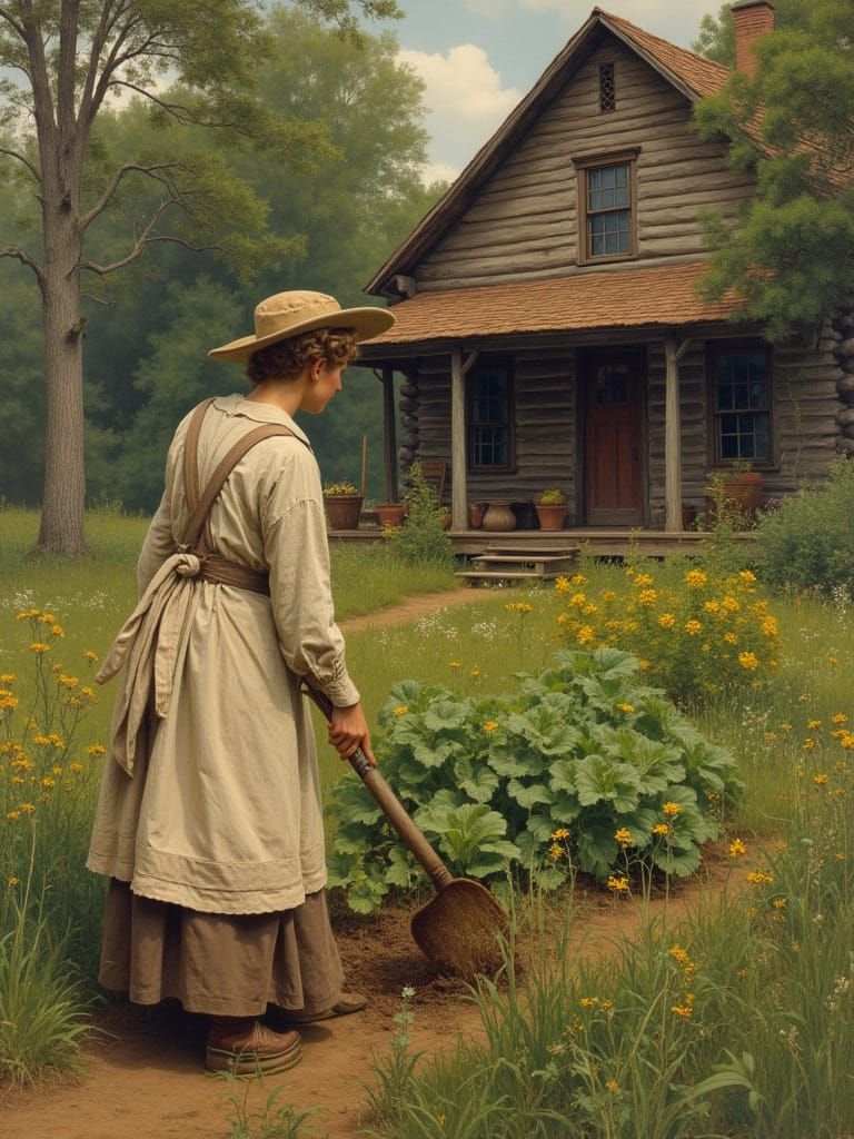 Pioneer Woman tending Garden in Rustic Setting