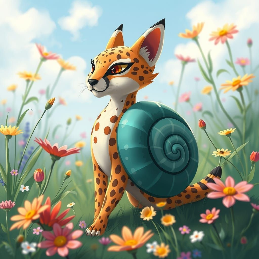Cheetah-Snail Hybrid in Teal Shell, Vibrant Meadow Landscape