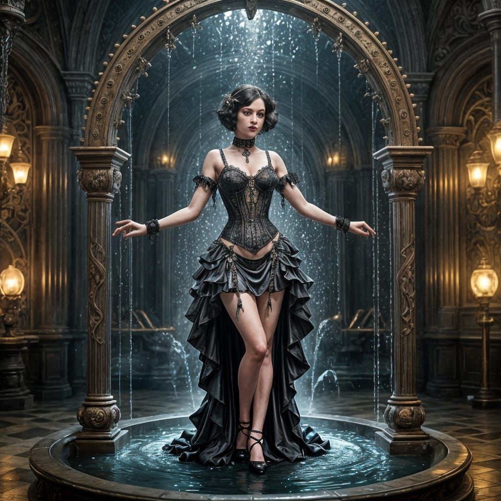 Gothic Marionette Flapper Girl in Steampunk Fountain