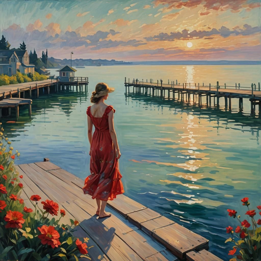 Woman in Red Dress: Impressionist Oil Painting