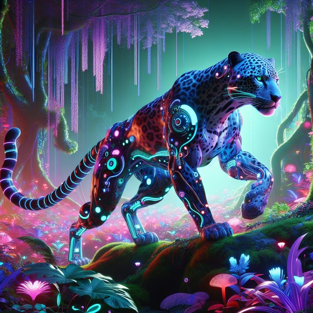 Biopunk Jaguar in Neon Jungle