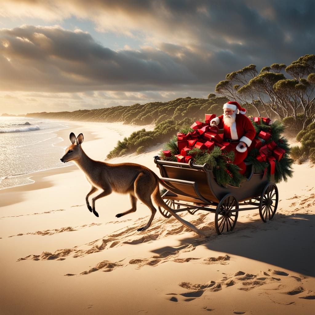 Australia, tradition, Christmas, Boxing Day. Christmas Bush, beach, kangaroos pulling Santa's sleigh. 3D  Dynamic Lighti...