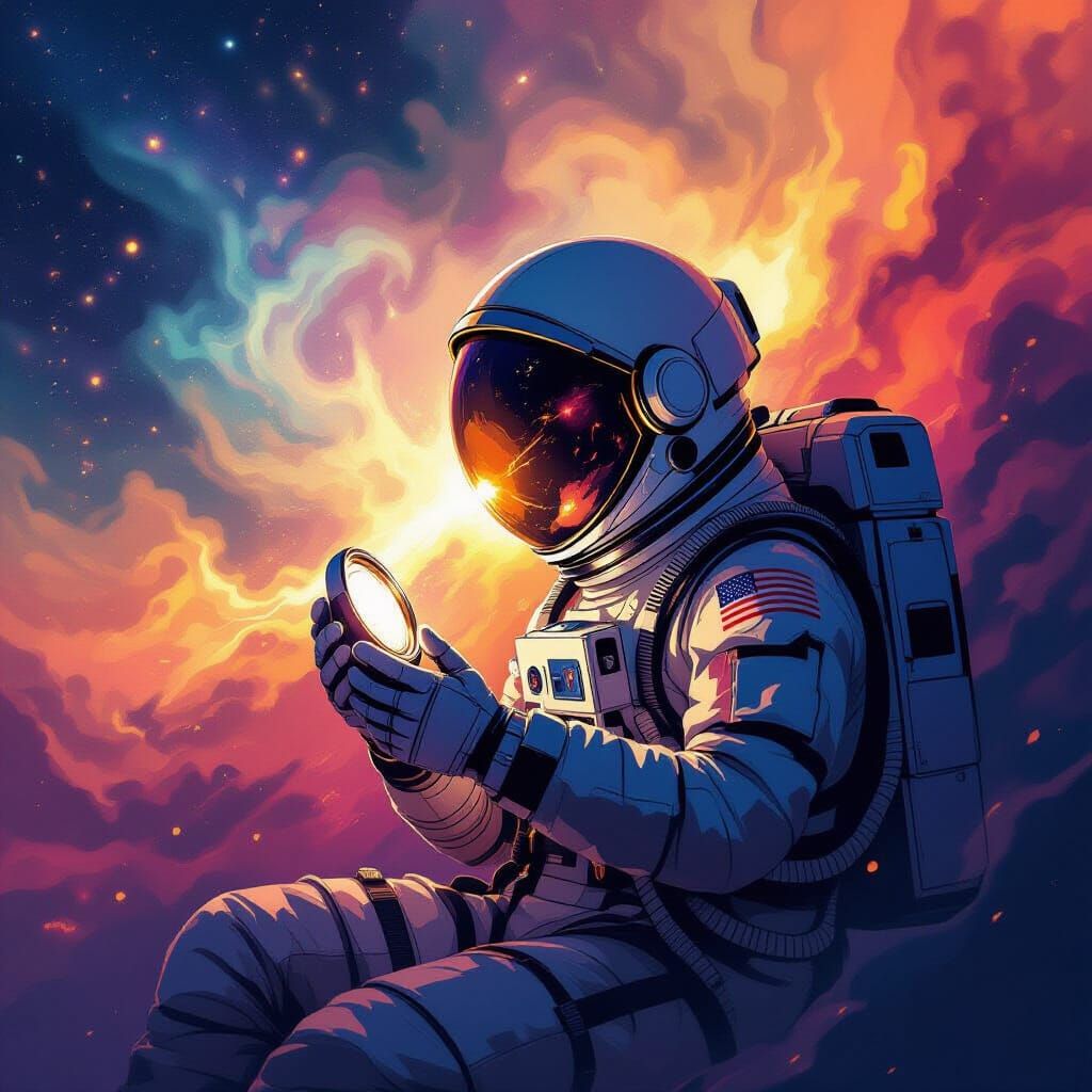 Astronaut Adrift in Cosmic Nebula, Clutching Glowing Locket