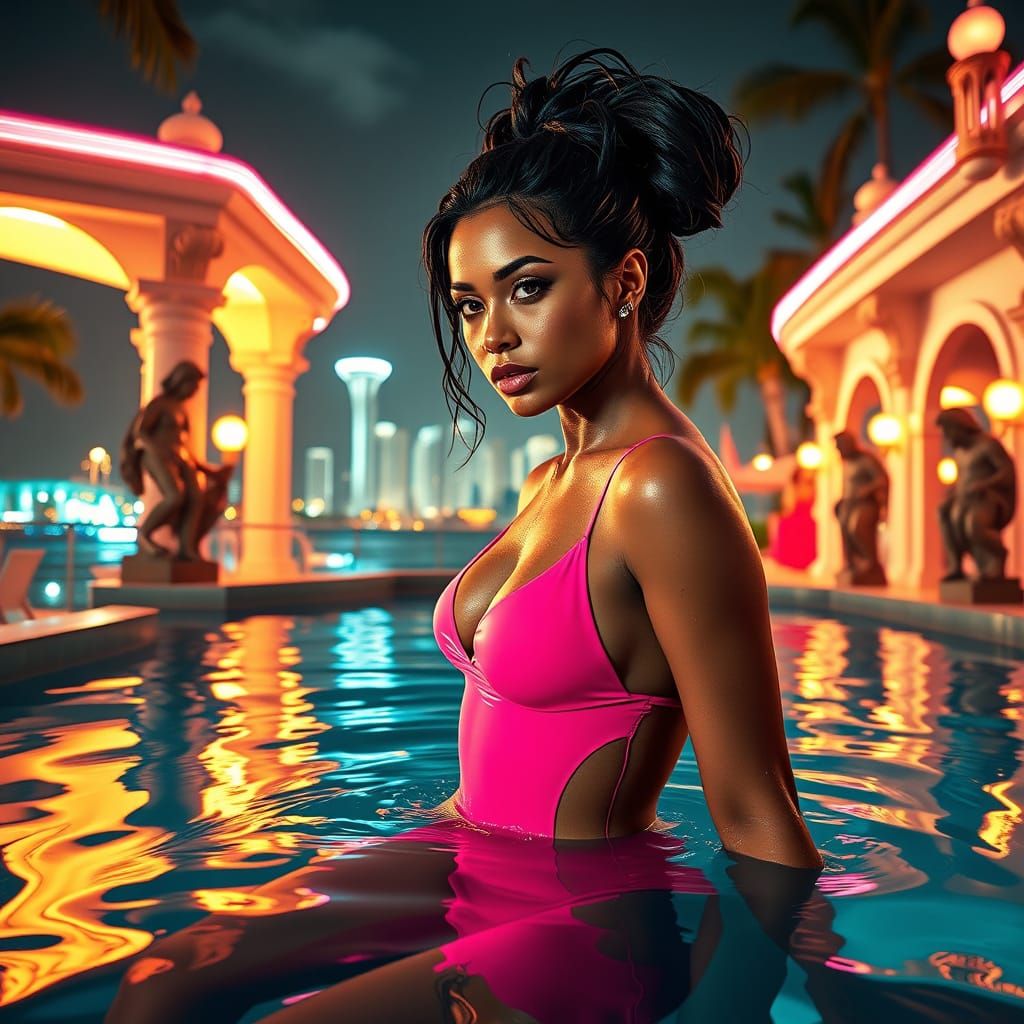 Latin Goddess Emerging from Miami Pool in Art Nouveau Style