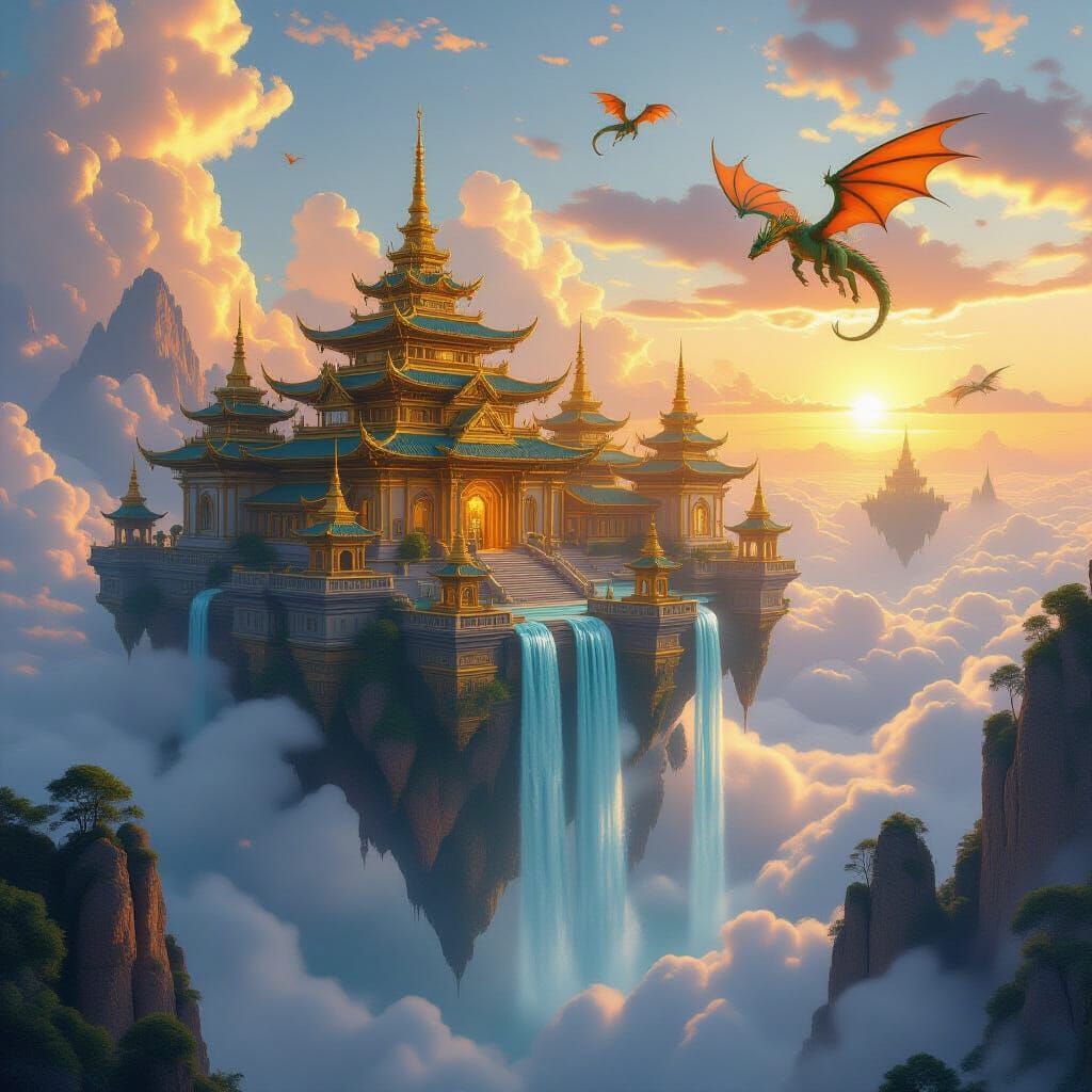Floating City with Golden Temples and Dragons