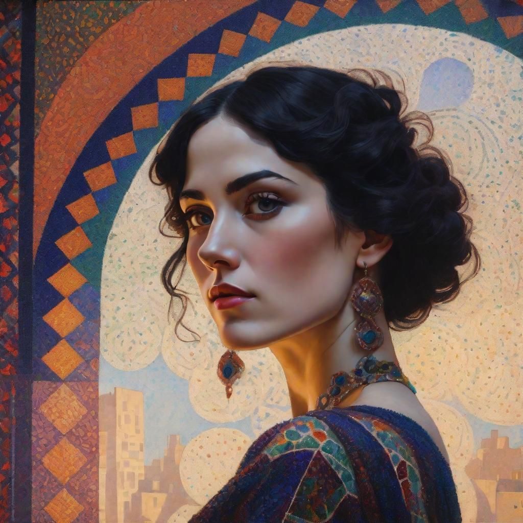 Pointillist Woman with Dark Hair in Jewel Tones