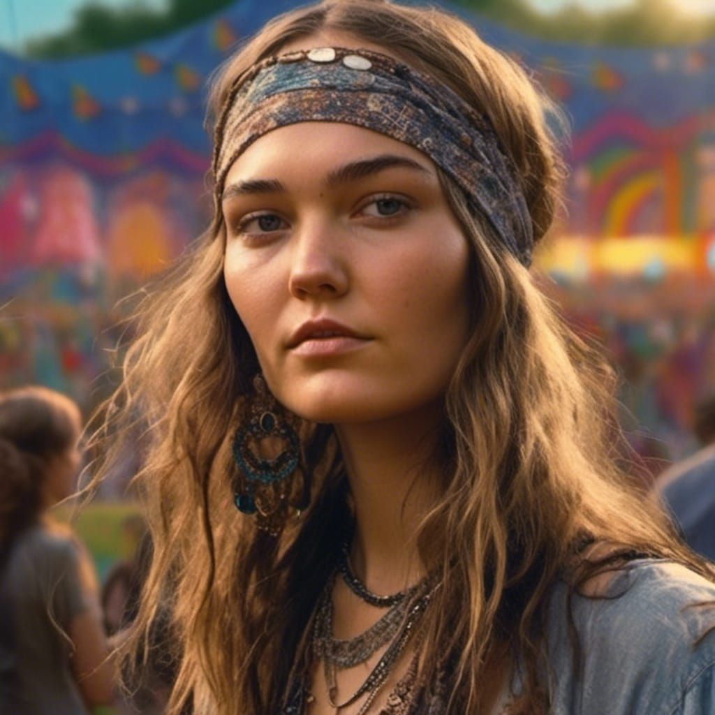 Woodstock Hippie Portrait with Long Hair and Jewellery