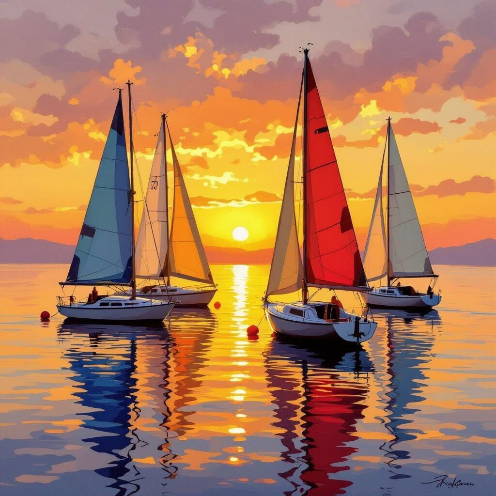 Sailboats at Sunset: An Impressionistic Seascape