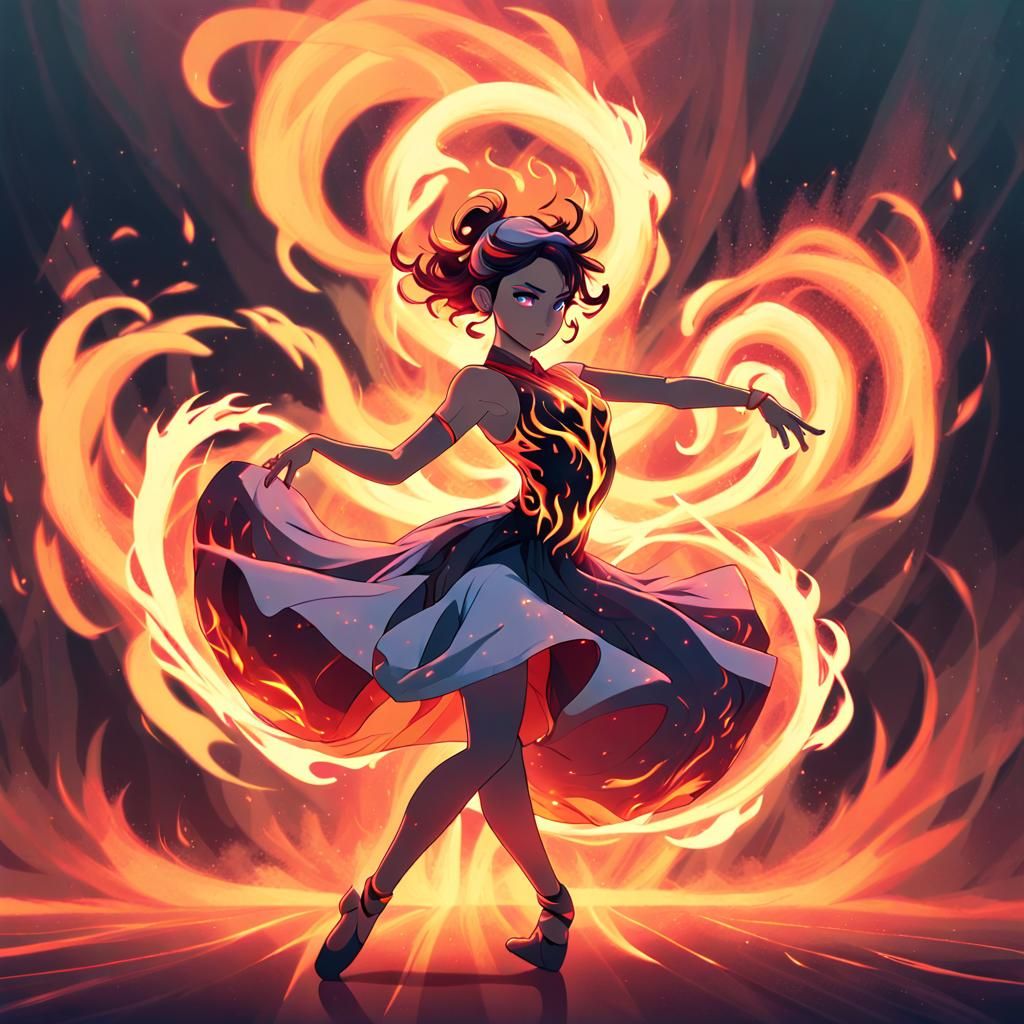 Anime Dancer Swirls in Vibrant Flames