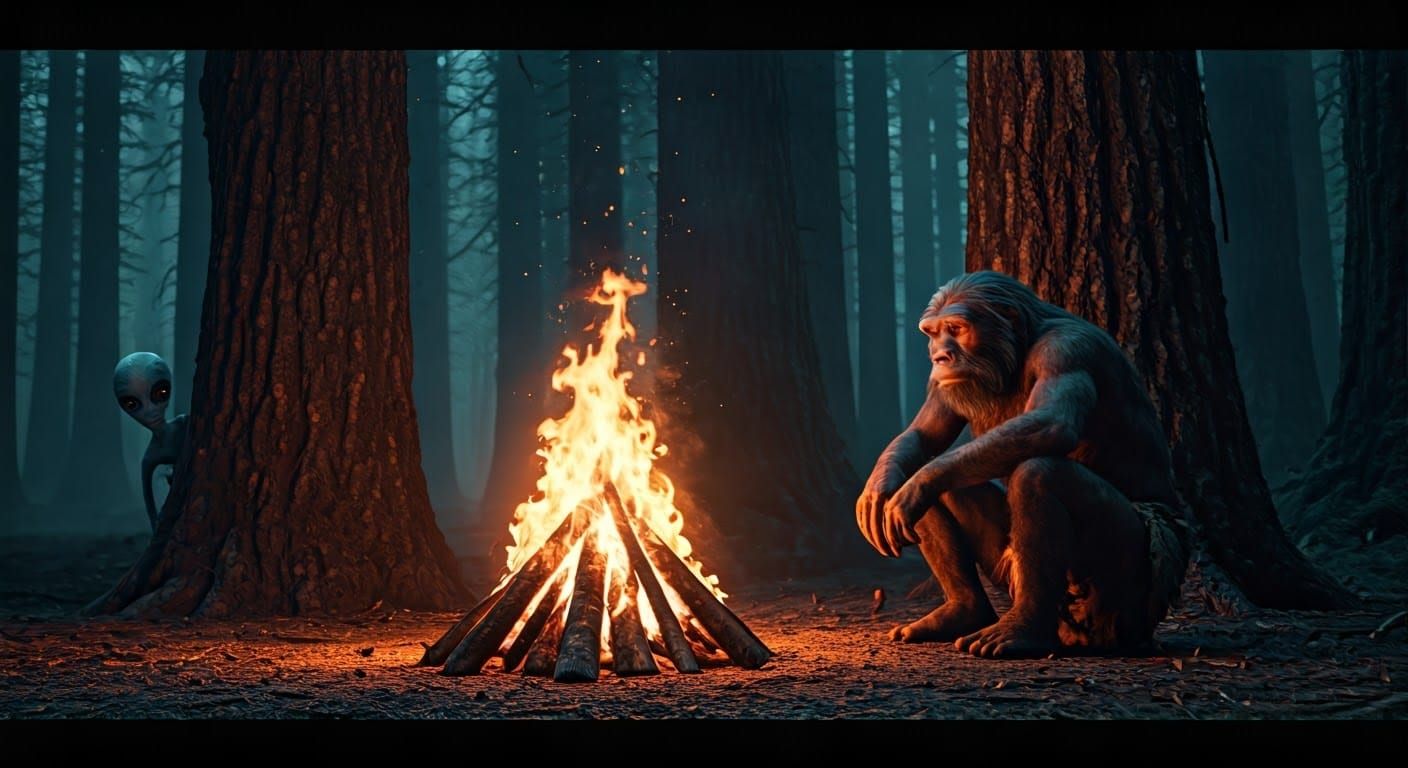 Neanderthal Bonfire with a Hidden Alien Observer